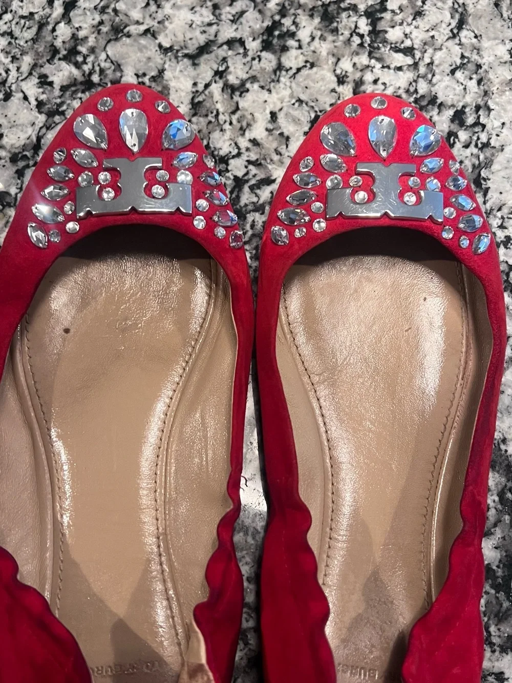 Tory Burch Red Jeweled Suede Ballet Flats